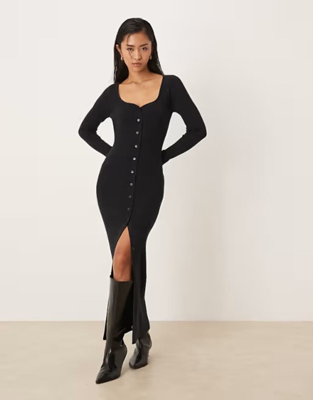 Abercrombie & Fitch Soft Collection V-Neck Rib Knit Long Sleeve Maxi Dress